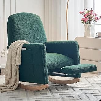 Modern Rocking Chair Nursery, Comfy Glider Nursery Chair with Foot Rest, Upholstered Rocker with Pocket, Accent Reading Armchair with Solid Wood Base for Living Room, Bedroom, Lounge Room (Green)
