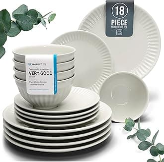 18-Piece Dinnerware Set - Bowl and Plate Set - Stoneware Dining Set for 6 People - Dishwasher and Microwave Safe - Grooved Dining Service in Beige