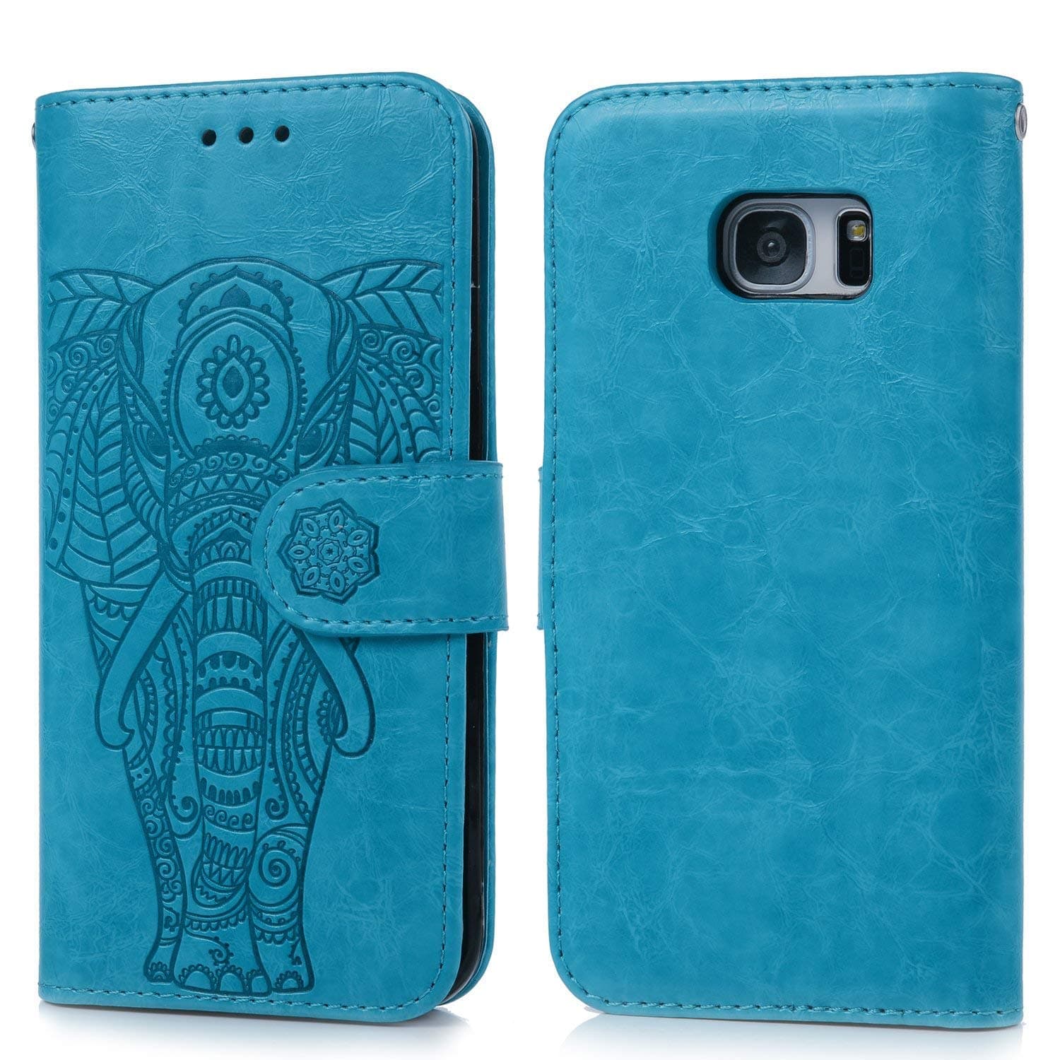 Geniric S7 Edge Case, Wallet Case PU Leather Flip Case TPU Cover Embossed Elephant Design Card Slots Cover Wrist Strap Case Shockproof Case Phone Cover for Samsung Galaxy S7 Edge -Blue