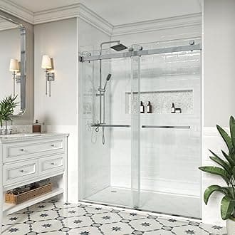 Shower Door, 45-49" W x 76" H, SGCC-Certified 3/8" (10mm) Clear Tempered Glass, Frameless Double Sliding Shower Door, Stainless Steel Brushed Nickel Finish