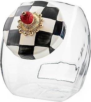 Cookie Jar with Enamel Lid, Large Glass Treat Jar or Kitchen Jar, 1-Gallon Capacity, Black-and-White Courtly Check