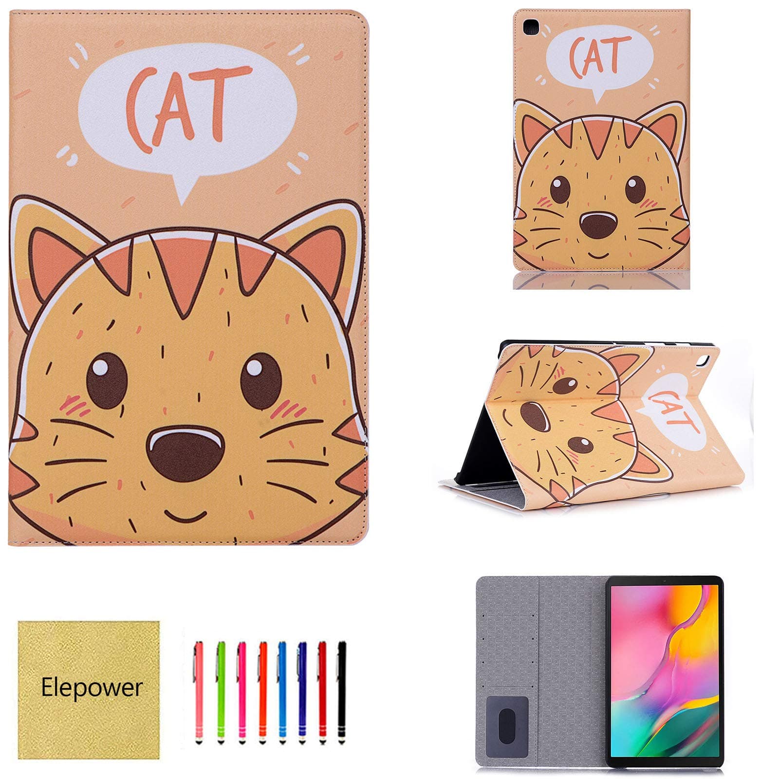 Galaxy Tab A 10.1 Case SM-T510/T515 2019 Release, Elepower Cartoon Design Slim Flip Folio Stand PU Leather Smart Cover with Auto Sleep/Wake for Samsung Galaxy Tab A 10.1 Inch Tablet, Cat