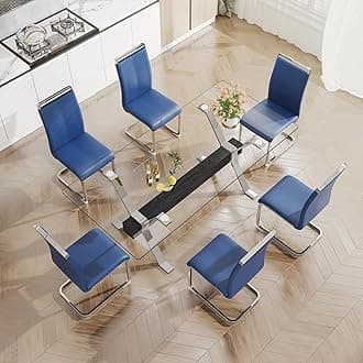 Pvillez Glass Dining Table Set for 6, 7 Piece Dining Room Table Set, 78" Modern Large Glass Kitchen&Dining Room Table with Silver Metal Legs and Black MDF Crossbars & 6 Blue PU Leather Dining Chairs