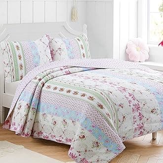 Cozy Line Home Fashions Wild Rose Floral Striped Cotton Reversible Quilt Bedding Set, Coverlet, Bedspread (Wild Rose, Twin - 2 Piece)