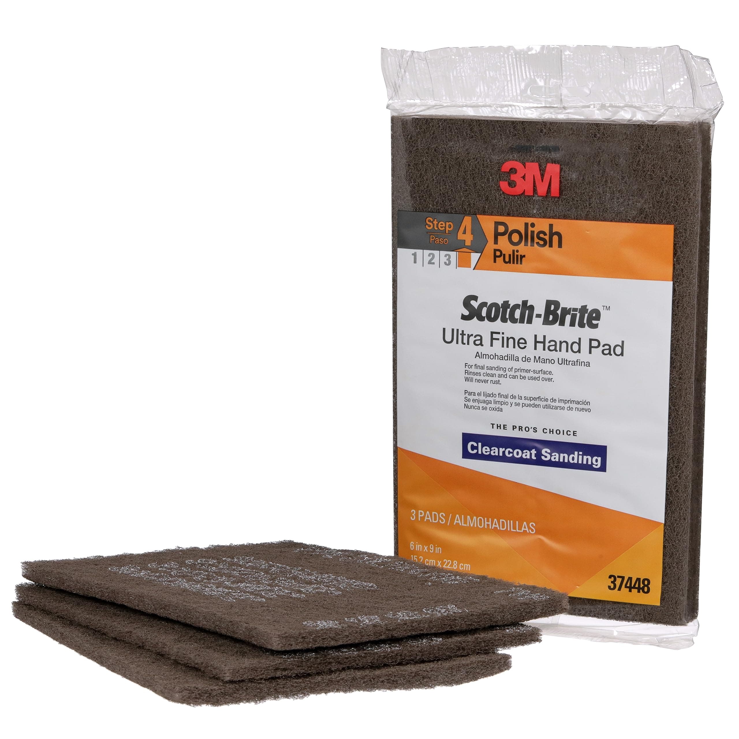Scotch-Brite Ultra Fine Grade 7448 Hand Pad, Pack of 3, 6 in x 9 in Hand Pads, Nonwoven Silicon Carbide, Surface Preparation, Scuffing, and Cleaning, Gray
