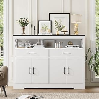 HOSTACK 47" Modern Farmhouse Sideboard Buffet Cabinet, Wood Buffet Storage Cabinet with Drawers & Shelves, Large Coffee Bar with Storage, Microwave Stand for Kitchen, Living Room, White Black