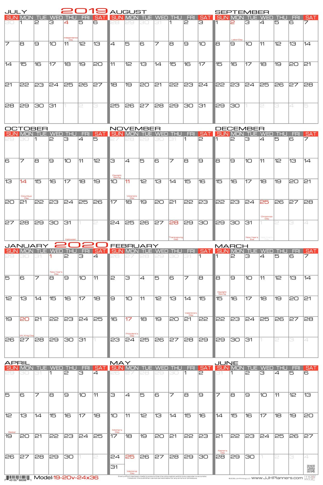 JJH Planners - Laminated - 24" x 36" Large Academic 2019-2020 Wall Calendar - Vertical 12 Month Yearly Annual Planner (19-20v-24x36)