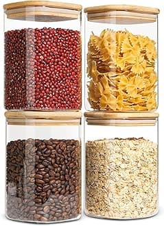 Glass Storage Containers with Lids, 1.2 Qt Glass Jars with Lids, Clear Food Storage Jar, Canister For Pantry Cookie Flour Cereal Rice Sugar Tea Coffee Beans Spice, Square Set of 4