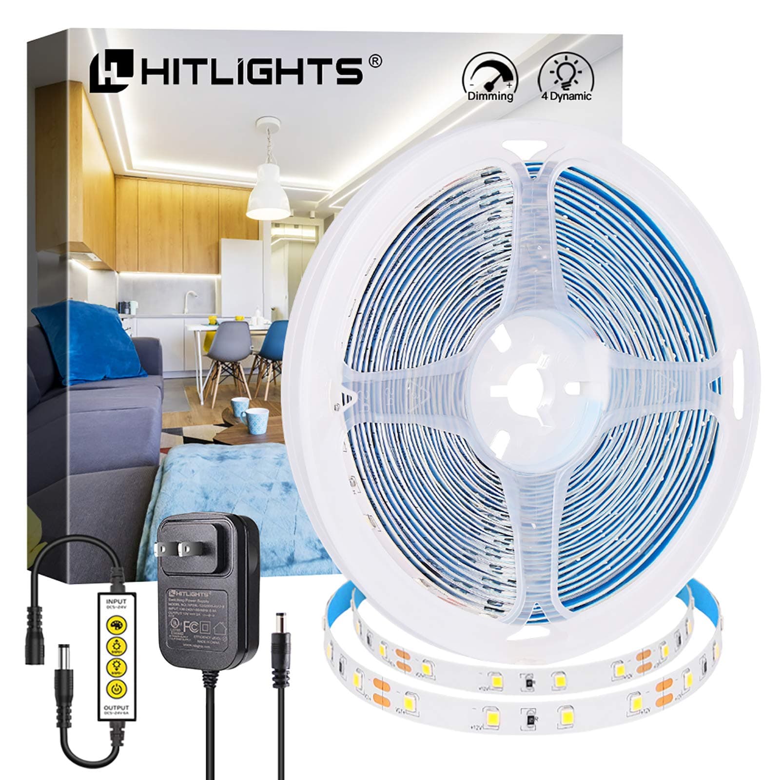 HitLights LED Strip Lights Dimmable White LED Strips 2835 16.4FT Flexible 5000k 300 LED Tape Lights Kit Included 12V UL Power Supply and LED Dimmer for Home Kitchen Mirror