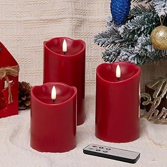 EywamageRed Flameless LED Pillar Candles with Remote, Real Wax Flickering Battery Operated Christmas Candles Set of 3
