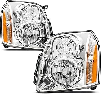 Headlights Assembly for 2007-2014 GMC Yukon SLE SLT Denali Yukon XL 1500 2500,Headlamp Assembly DENALI Style Chrome+Amber Halogen OE Replacement, RK-HL-YK031