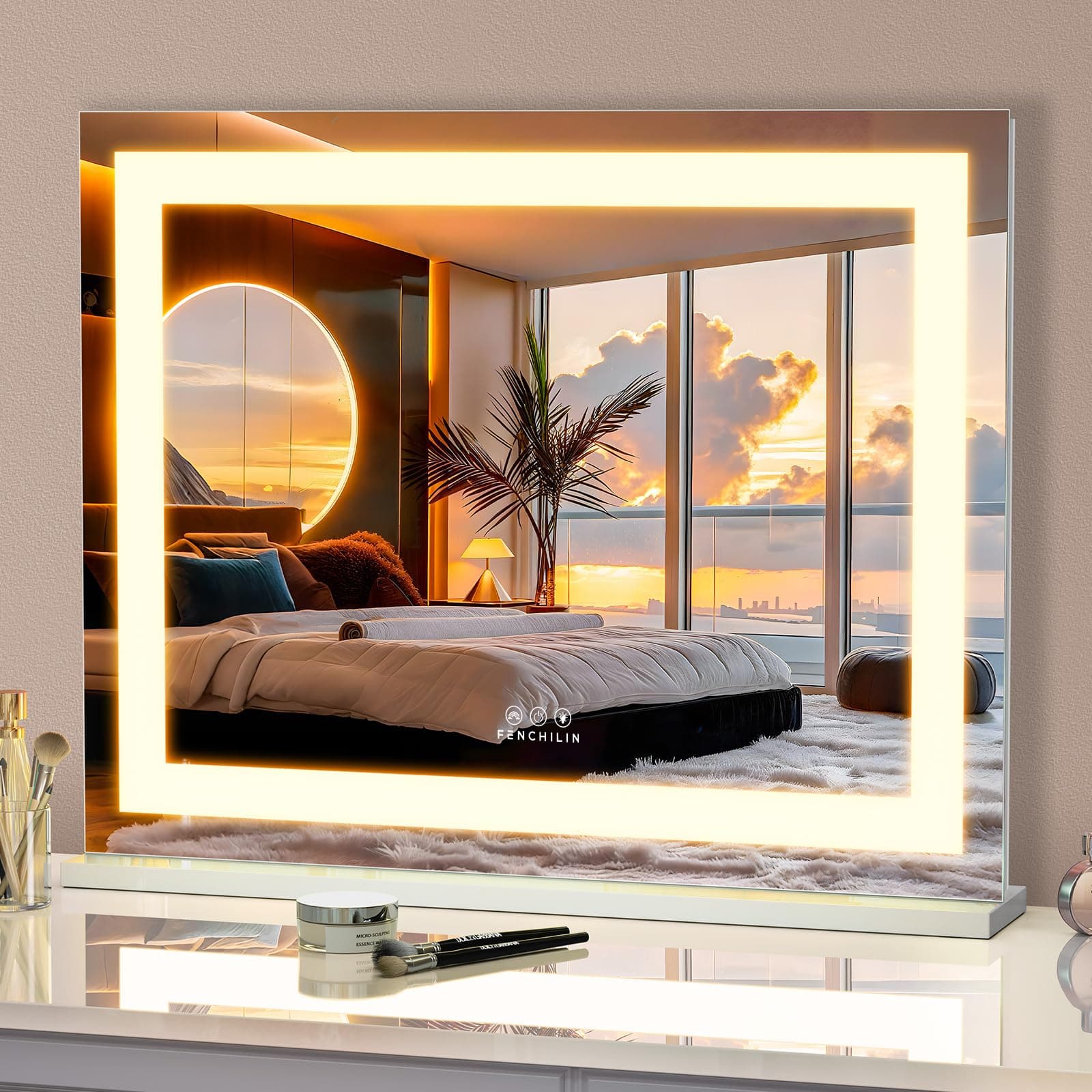 FENCHILIN Vanity Mirror with Lights, 23" x 18" RGB Backlit + Front Lit Hollywood Makeup Vanity Mirror LED Strip with 3 Colors Modes Smart Touch for Dressing Room & Bedroom White