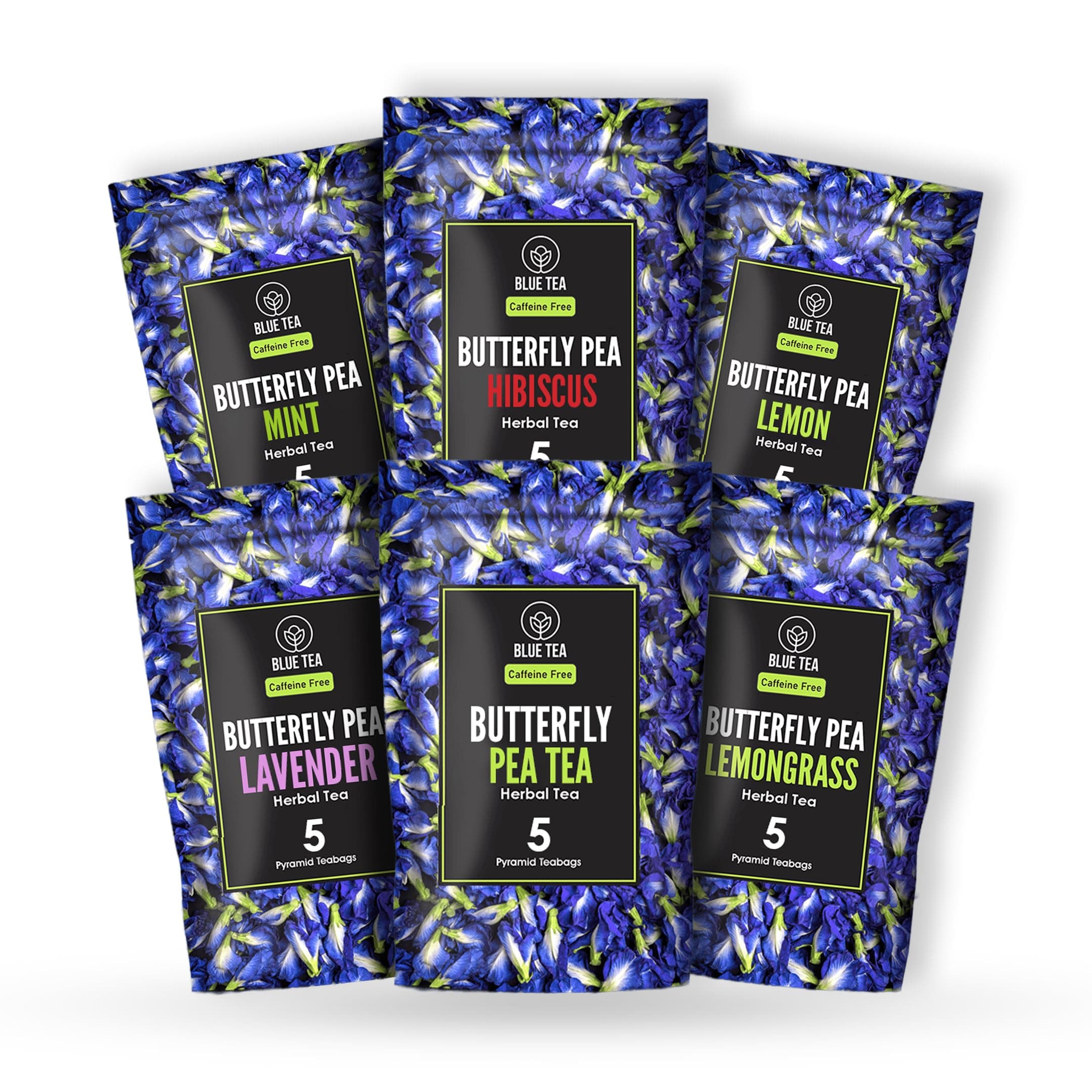 BLUE TEA - Butterfly Pea Flower Assortment Tea Gift (30 Count - Pyramid Tea Bag - 6 Flavors) VARIETY PACK | Herbal Tea - Flower Based - Caffeine free - Farm Fresh - Detox Tea - Vegan | Zipper Pack