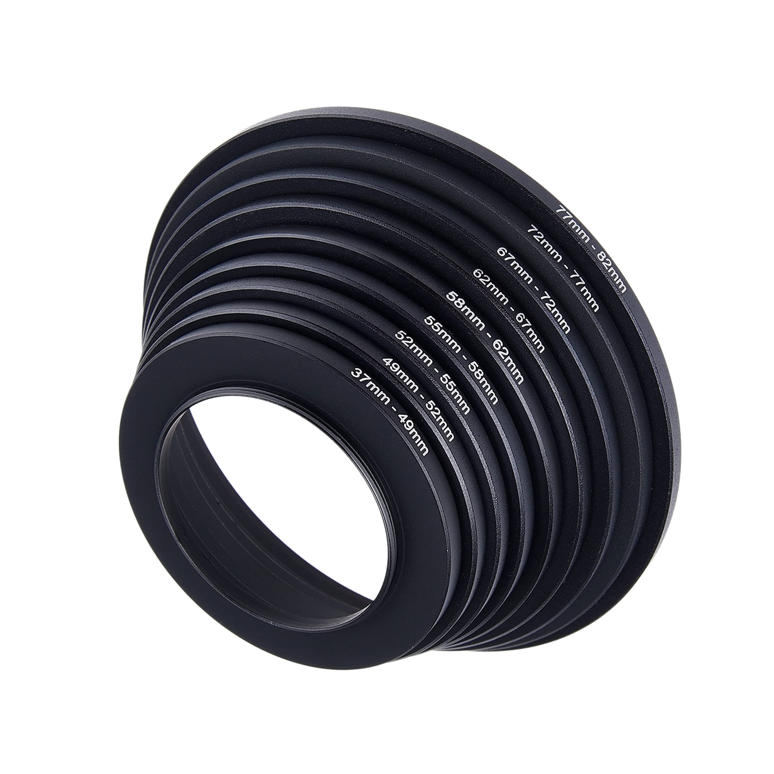 Step Up Lens Filter Adapter Rings - Set of 9 - Allows You to Fit Larger Size Lens Filters on a Lens with a Smaller Diameter - Sizes: 37-49, 49-52, 52-55, 55-58, 58-62, 62-67, 67-72, 72-77, 77-82 mm