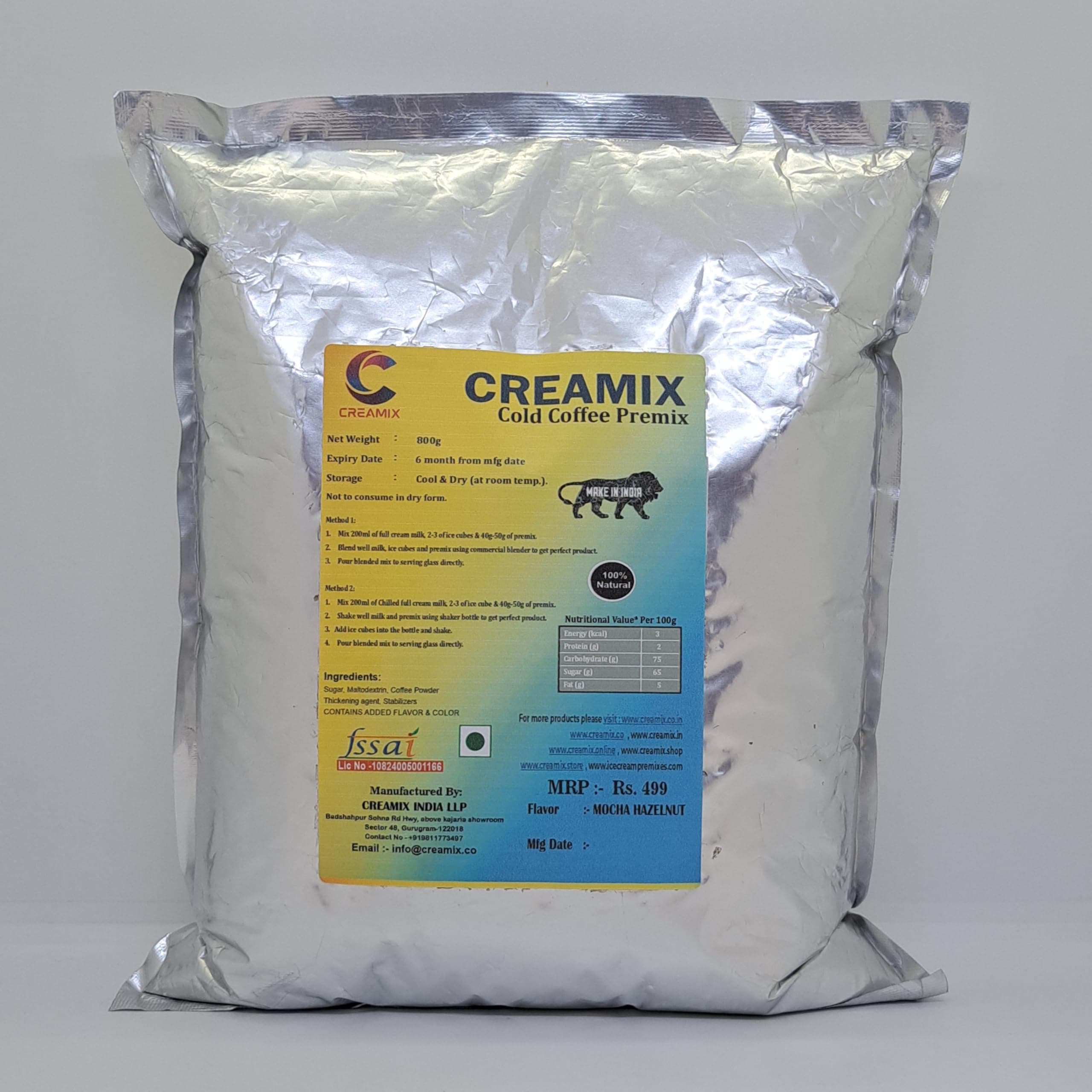 Creamix Cold Coffee Premix Mocha Hazelnut - 800g | Cold Coffee Mix Powder | Eggless & Gluten Free, Chilled Monsoon Instant coffee for summer