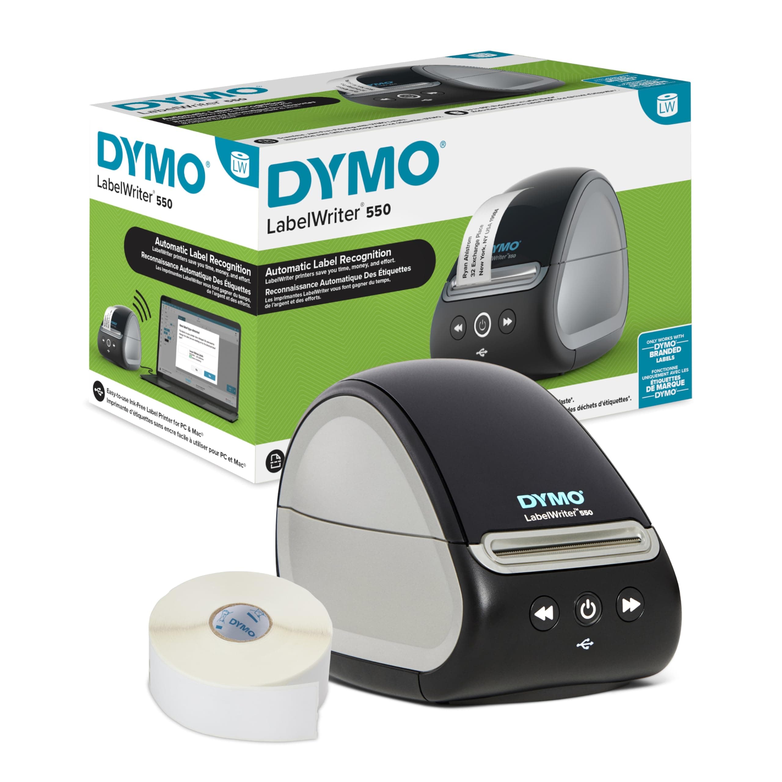 DYMO Labelwriter 550 Direct Thermal Label Printer, USB Connectivity - 62 Labels Per Minute, Auto Label Recognition, Label Maker For Address, Shipping, File, Folder, Barcode Label,White