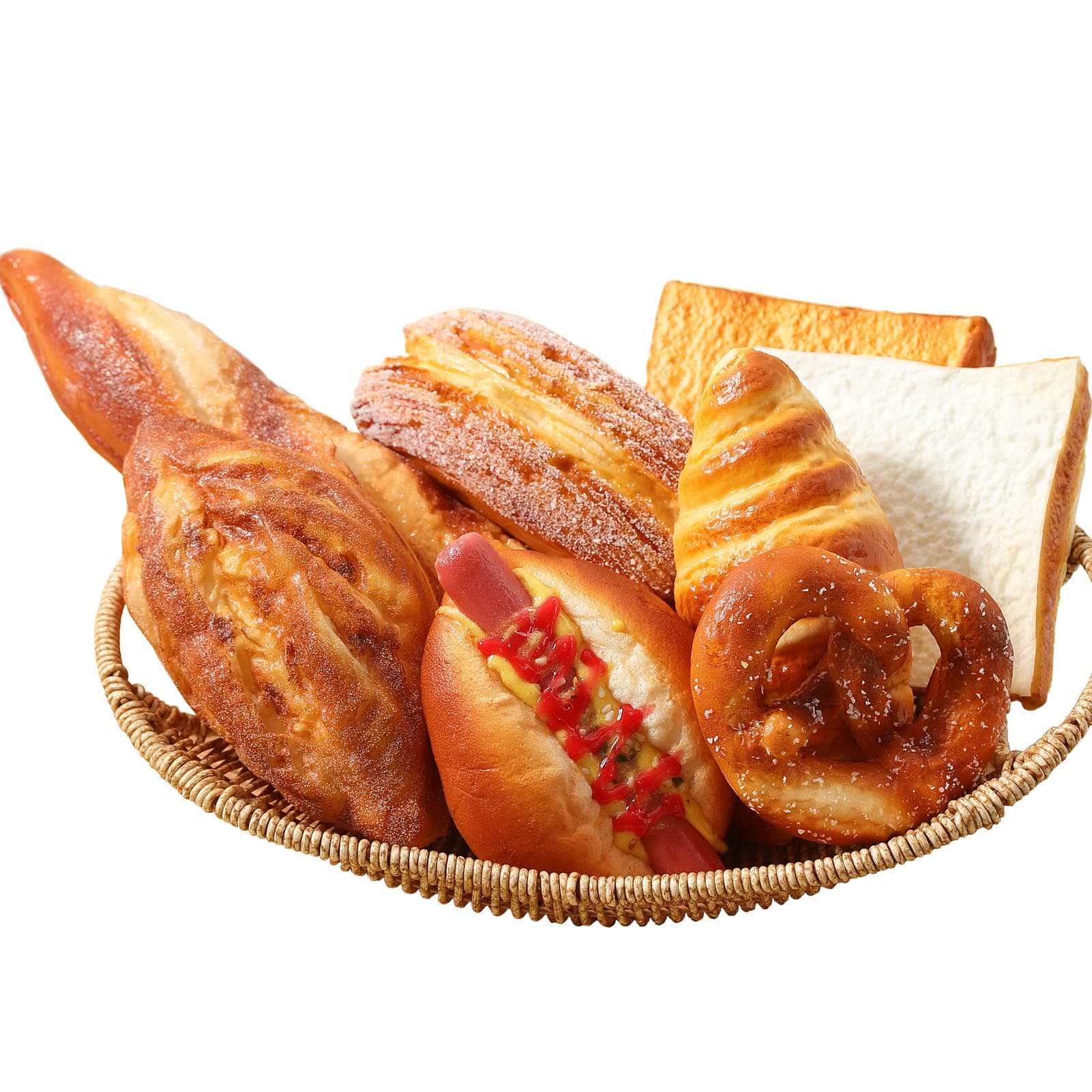 Joeabor 8pcs Artificial Bread Set, Realistic Fake Food for Display, Fake Bread for Decoration, Creative Staging Props, Includes Faux Croissant, Dessert, Baguette and Hotdog