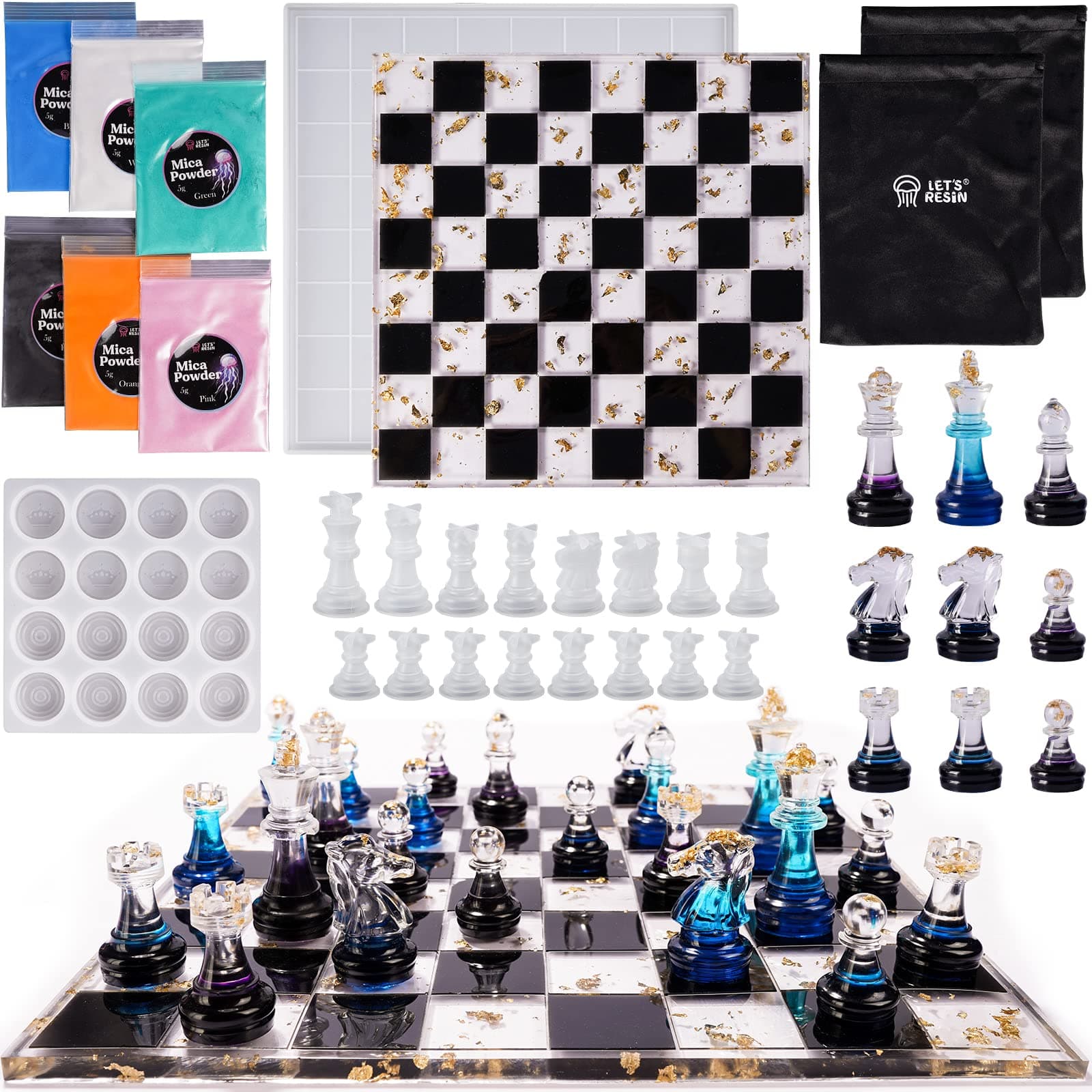 LET'S RESIN Upgraded Chess Set Mold for Resin Casting - 16 Piece 3D Full Size Chess and Checkers Board Epoxy Silicone Molds, DIY Board Game, Christmas Gifts