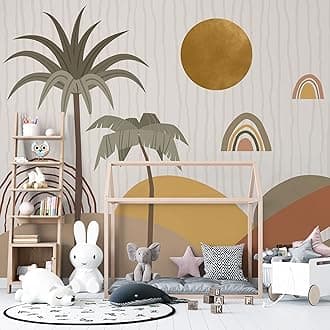 Muravie Boho Palm Tree with Sun Wallpaper- Boho Wall Mural- Living room Boho Decor - Custom Size- Peel and Stick (Palm Tree Wallpaper)