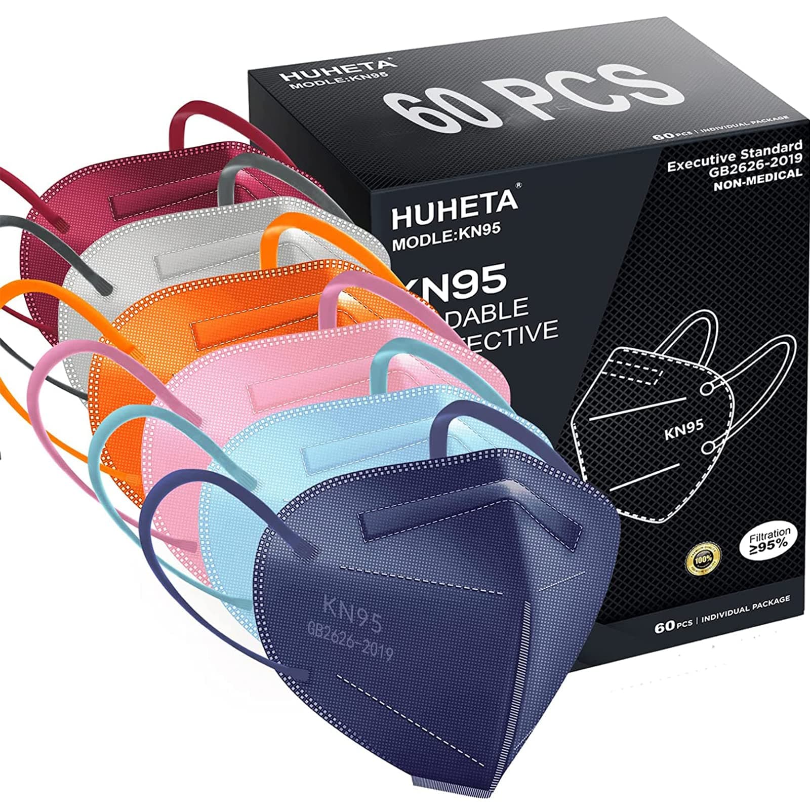 HUHETA KN95 Face Mask 60 Pack, 5-Ply Breathable & Comfortable Safety Mask, Filter Efficiency≥95%-Individually Wrapped