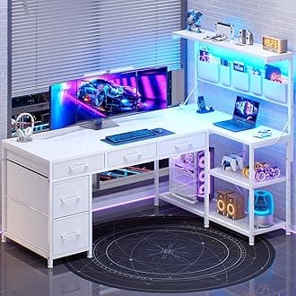 SEDETA Corner Computer Desk, Reversible L Shaped Computer Desk with Fabric Drawers and Power Outlet, 47.2” Gaming Desk with LED Lights, Storage Shelves and Hutch, White
