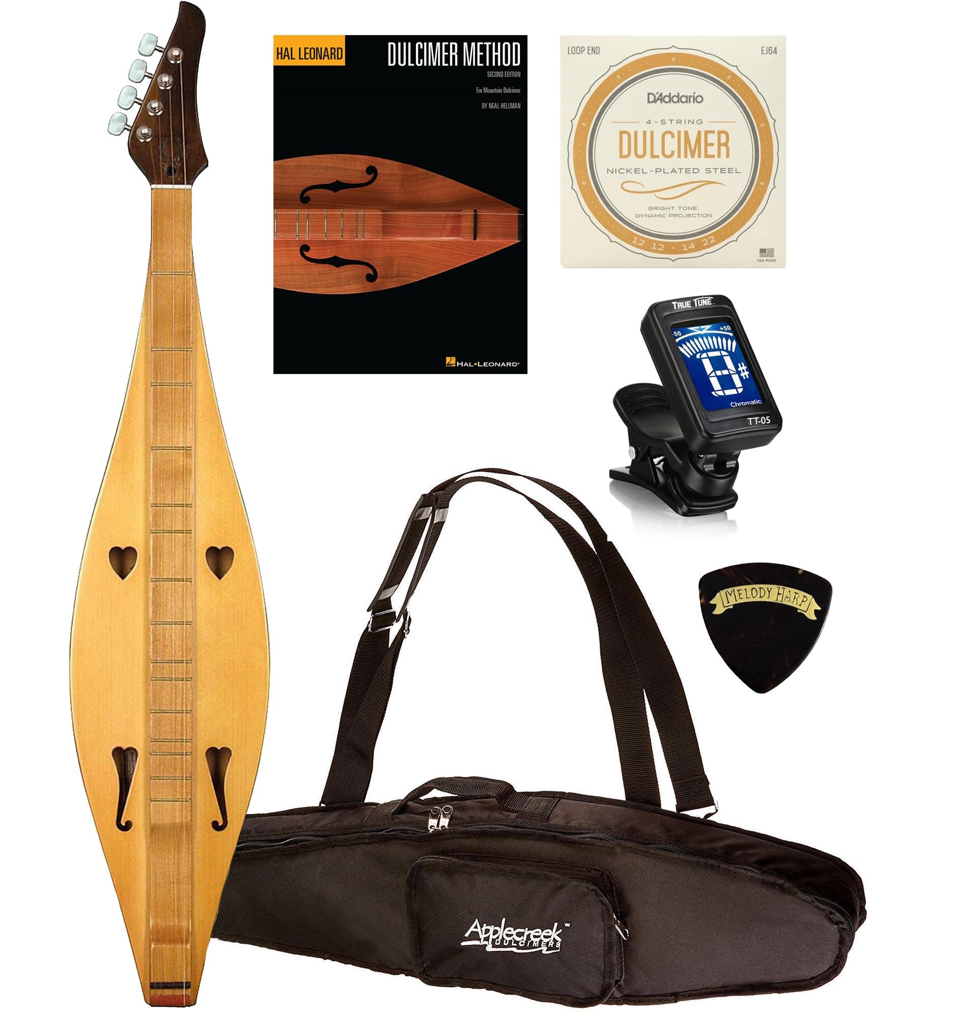 Applecreek ACD100 Dulcimer 4-String Spruce Teardrop Appalachian Mountain Instrument with Bag, Hal Leonard Book, D'Addario J64 Strings Bundle - Made in Romania ACD100K