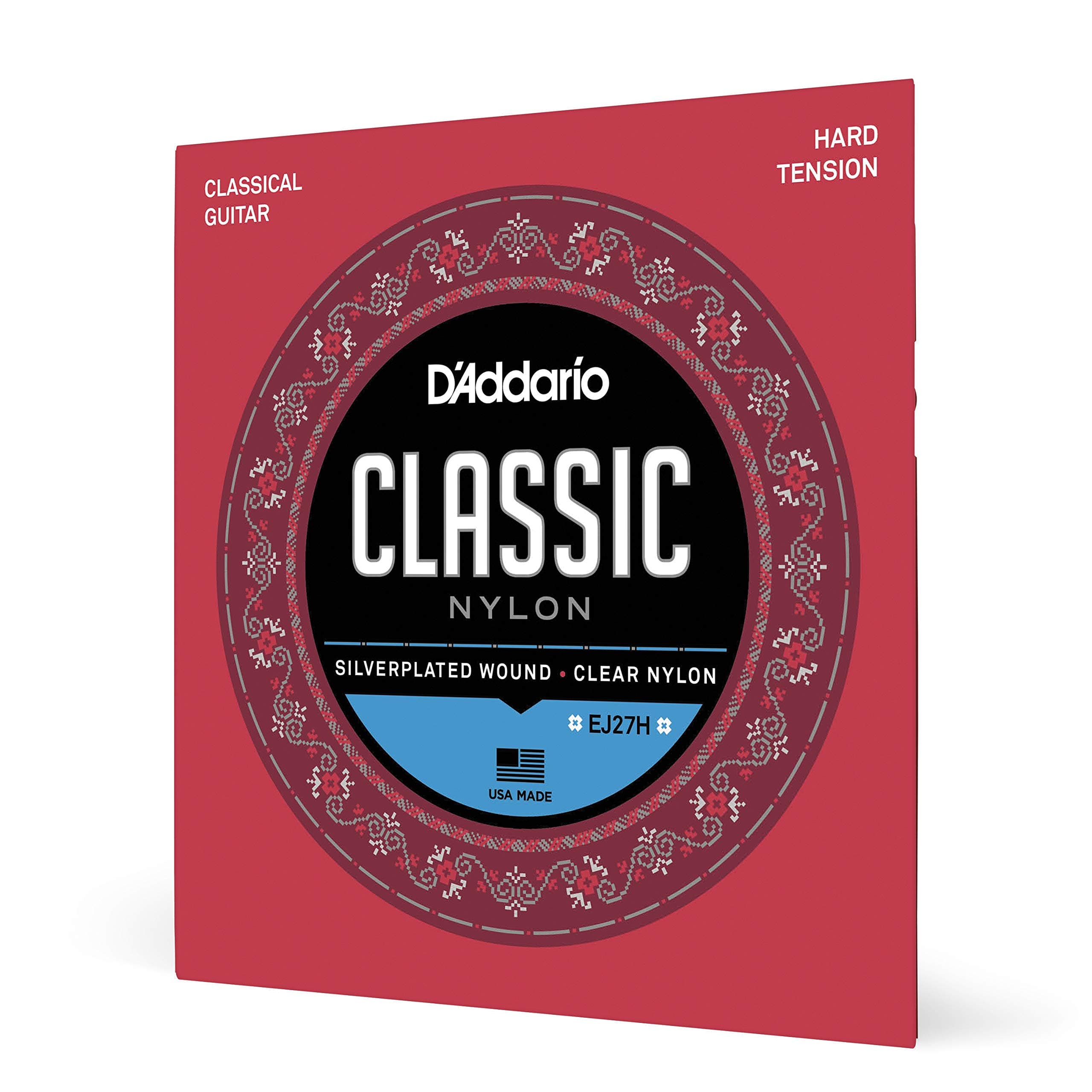 D'Addario Guitar Strings - Classic Nylon Guitar Strings - EJ27H Classical Guitar Strings - Silver Plated Wrap, Nylon Core, Clear Student Nylon Trebles - Hard Tension, 1-Pack