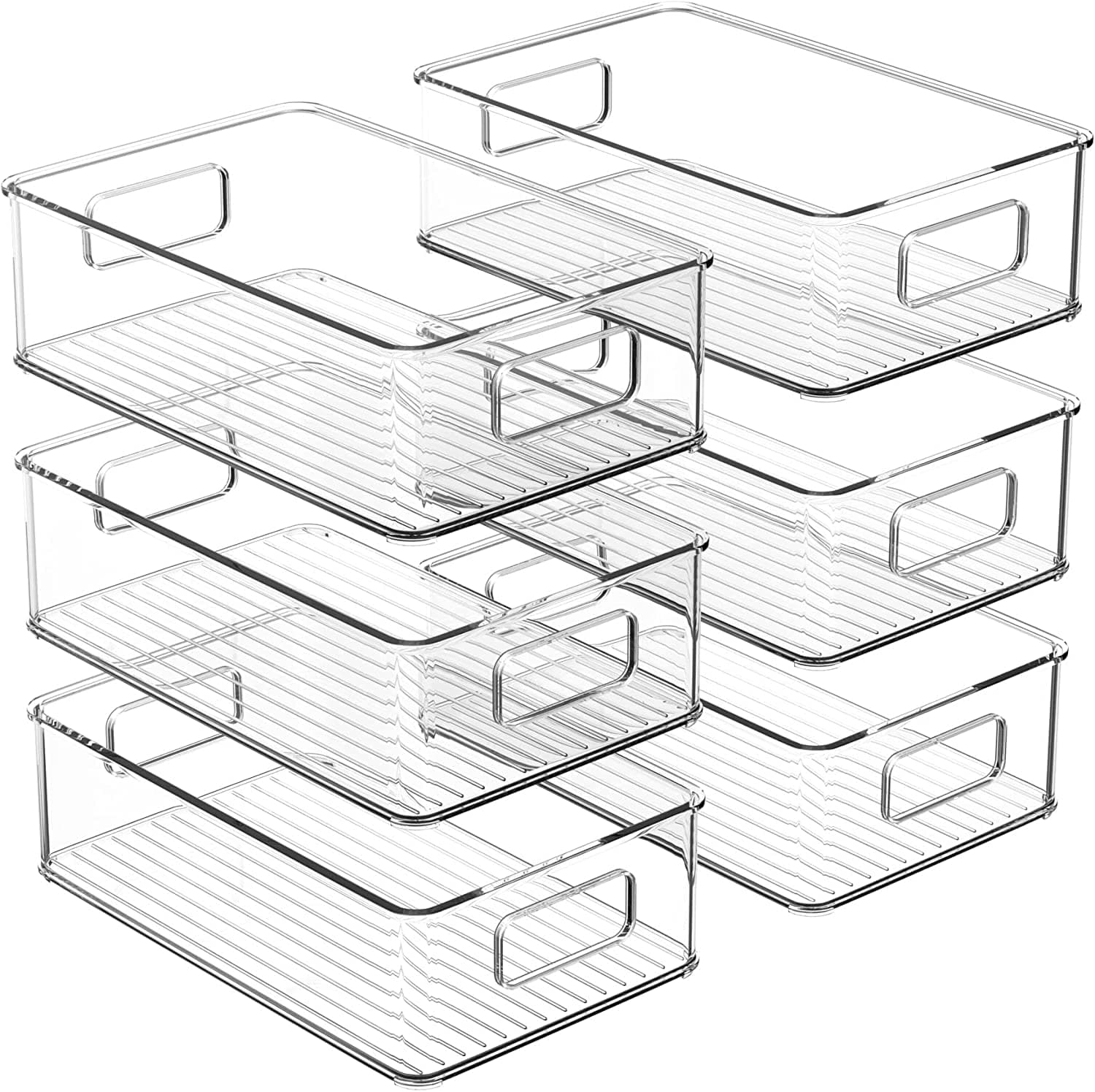 Snazzy Plastic Kitchen Storage Container Bins With Handles -Organization In Pantry,Cabinet,Refrigerator Or Freezer Shelves-Food Organizer For Fruit,Yogurt,Squeeze Pouches-2 Pack-Clear,25.4x15.2x7.6 cm