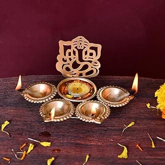 ascension Ganesh Ji Design Urli Bowl for Home Diwali Decor with 4 Attached Oil Diyas for Floating Flowers and Tealight Candles Home Table Diwali Decoration Items for Pooja Room (7 inch)