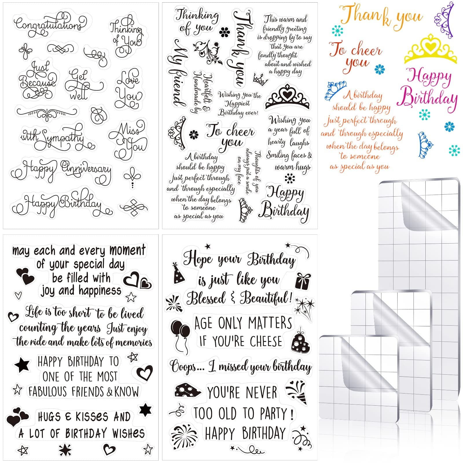 Pajean 4 Sheets Sentiments Rubber Clear Stamps Set for Birthday Card Making and 3 Pcs Acrylic Stamp Block Tools with Grid Lines Happy Birthday, Books Stamps Craft Supplies for DIY Scrapbooking