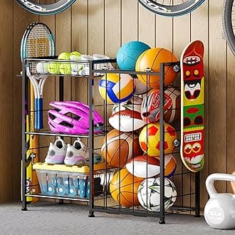 Sports Equipment Organizer, Ball Storage Rack with Elastic Straps and Removable Basket for Garage Organization, Garage Organizer with Hooks for Toy Sports Gear Storage, Sports Ball Storage Cart, Black