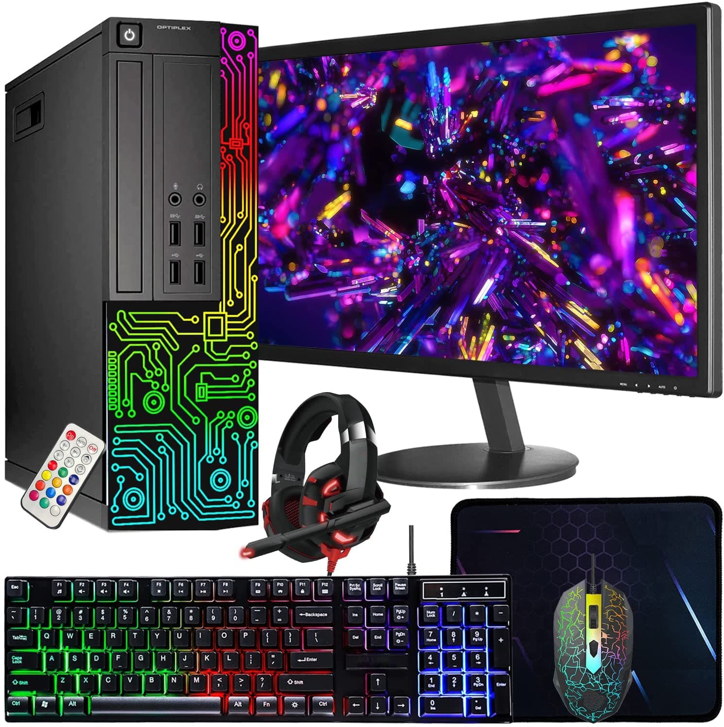 Dell Optiplex Small Desktop Computer (SFF) PC | Quad Core Intel i5 (3.2GHz) | 16GB DDR3 RAM | 512GB SSD | 24 Inch Monitor | RGB Gaming Keyboard & Mouse, Headset | Windows 11 Pro (Renewed)