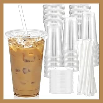 Plastic Clear Cups 20 oz with Lids and Straws 100 Set Disposable Cold Beverage Drinking Iced Coffee Water Juice Tea Party Travel Cafe Restaurant School Office Home Kitchen (100 Set, 20 oz)