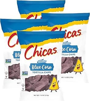 Chicas Tortilla Chips, Blue Corn Tortilla Chips, Lightly Seasoned with Sea Salt, Gluten Free, Vegan & Non-GMO, For Dips, Spreads & More, 7.5-Ounce Bag (Pack of 4)