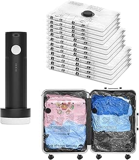 Vacuum Bags for Travel with Rechargeable Pump, 12 Combo (4L/4M/4S) Compression Packing Seal Bags for Luggage Suitcase, Space Saver for Clothing and Clothes Storage Travel