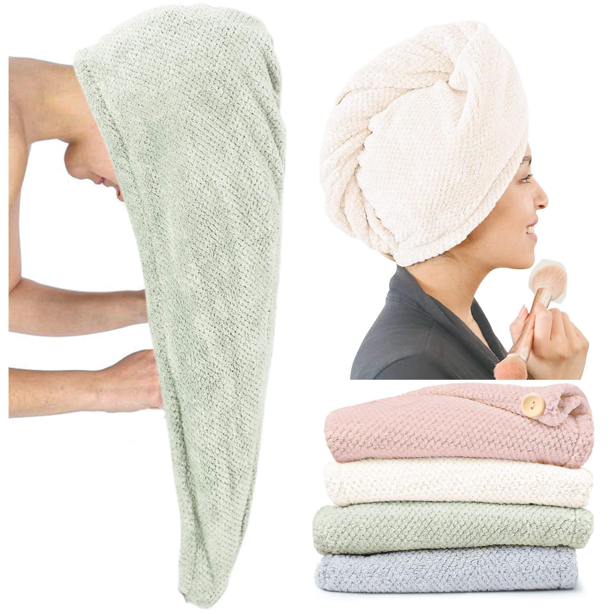 Extra Large 4 Pack Microfiber Hair Towel Wrap for Women Super Absorbent & Quick Dry Hair Drying Towels with Button, Hair Turbans for Curly Hair Long & Short Hair - Anti-Frizz
