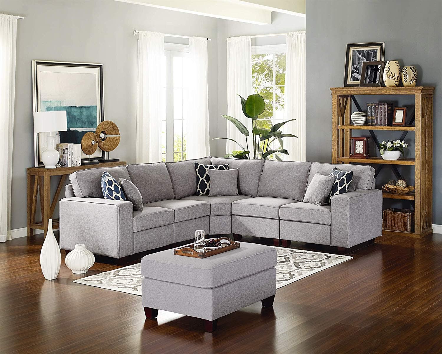 6-Piece Modern Style Linen Fabric Sectional Sofa L Shape Couch with Ottoman & Reclining Backrest Living Room/Office Furniture Free Combination Set Light Gray