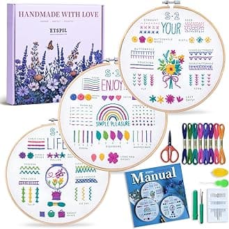 ETSPIL 3 Pack Embroidery Kit for Beginners and Adults,Learn 33 Stitches with DIY Stamped Flower Patterns – Includes Hoop, Color Threads, Tools, and Step-by-Step Instructions with Video Tutorials