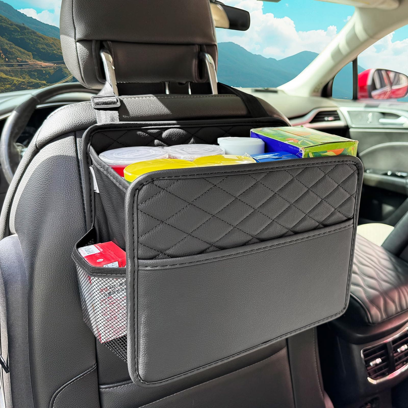 Upgraded Extra Large Car Seat Organizer Backseat with 3 Storage Pockets, Multipurpose Car Organizer Hanging Car Trash Bag Can Premium PU Leather Garbage Can 3 Gallon Large Capacity, Black.