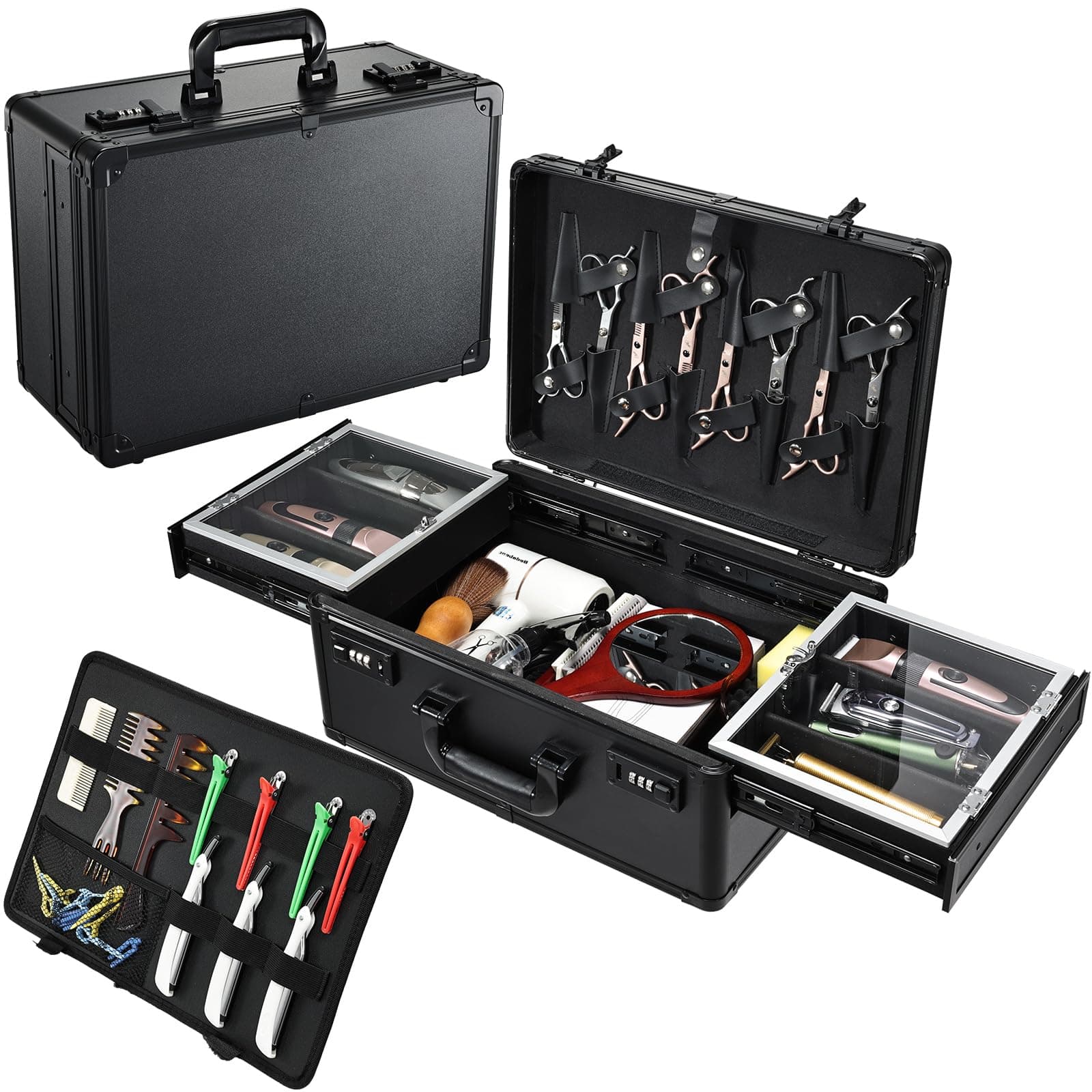 Barber Case 6 Clippers Sliding Tray, Profesional Barbers Briefcase Tool Case, Barber Cases for Clippers and Supplies, Hair Scissors Trimmer Organizer, Salon Hair Grooming Hard Travel Suitcase