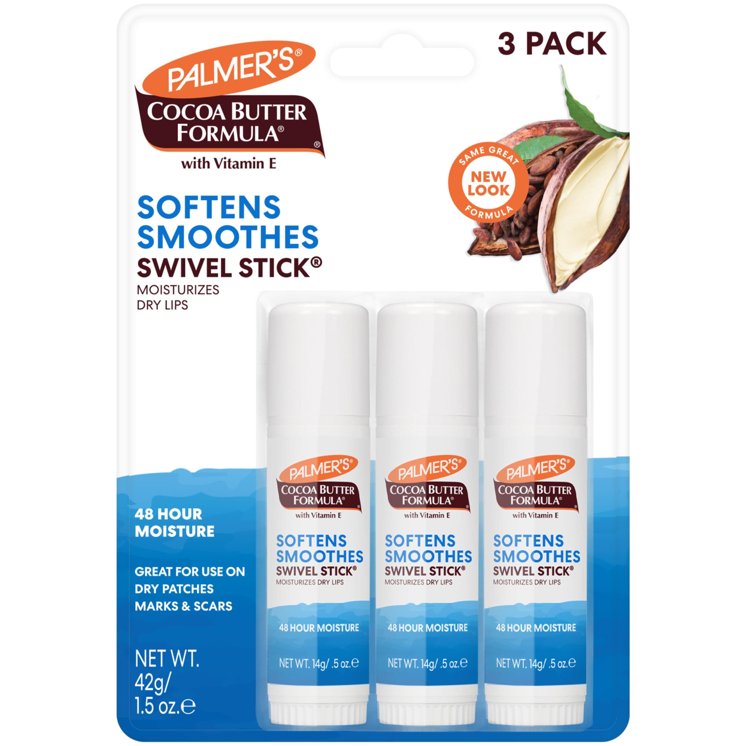 Palmer's Cocoa Butter Formula Moisturizing Swivel Stick with Vitamin E, Lip Balm for Valentine's Day, Face & Body Moisturizer Stick, Ideal for Treating Dry Skin Patches (Pack of 3)