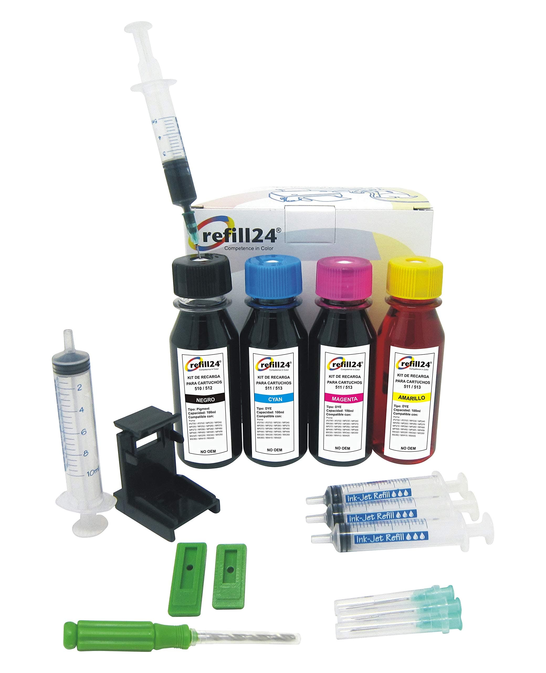 refill24Refill Kit for Canon 510/512-511/513 Black and Colour Ink Cartridges with Clip and Accessories