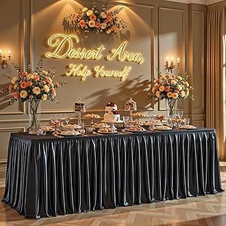 6ft Black Satin Tablecloths Rectangular - Shiny Spandex Party Table Cover with Pleated Table Skirt, No-Wrinkle & Glossy Wedding Tablecloth One-Piece for Birthday Baby Shower Banquet Ceremony & Events