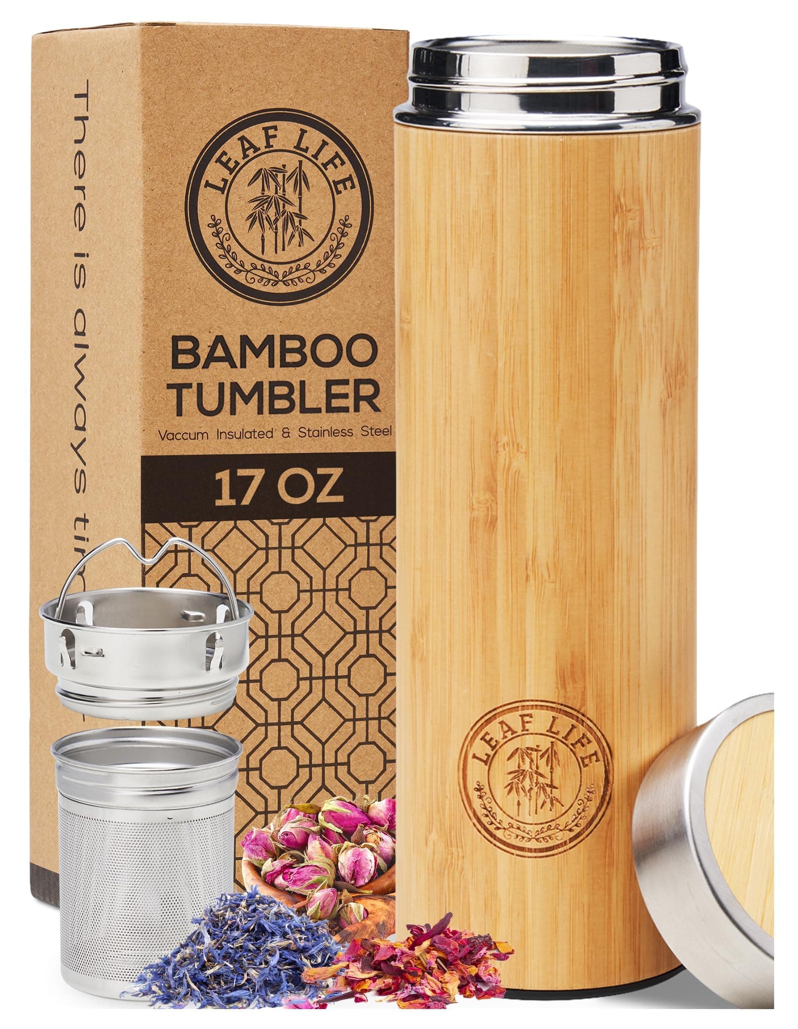 - Premium Bamboo Tea Bottle for Loose Tea - Tea Infuser Bottle - Tea Gifts - Insulated Water Bottle/Coffee Tumbler/Tea - Tea Gift Set, Tea Accessories - Tea Tumbler 17oz