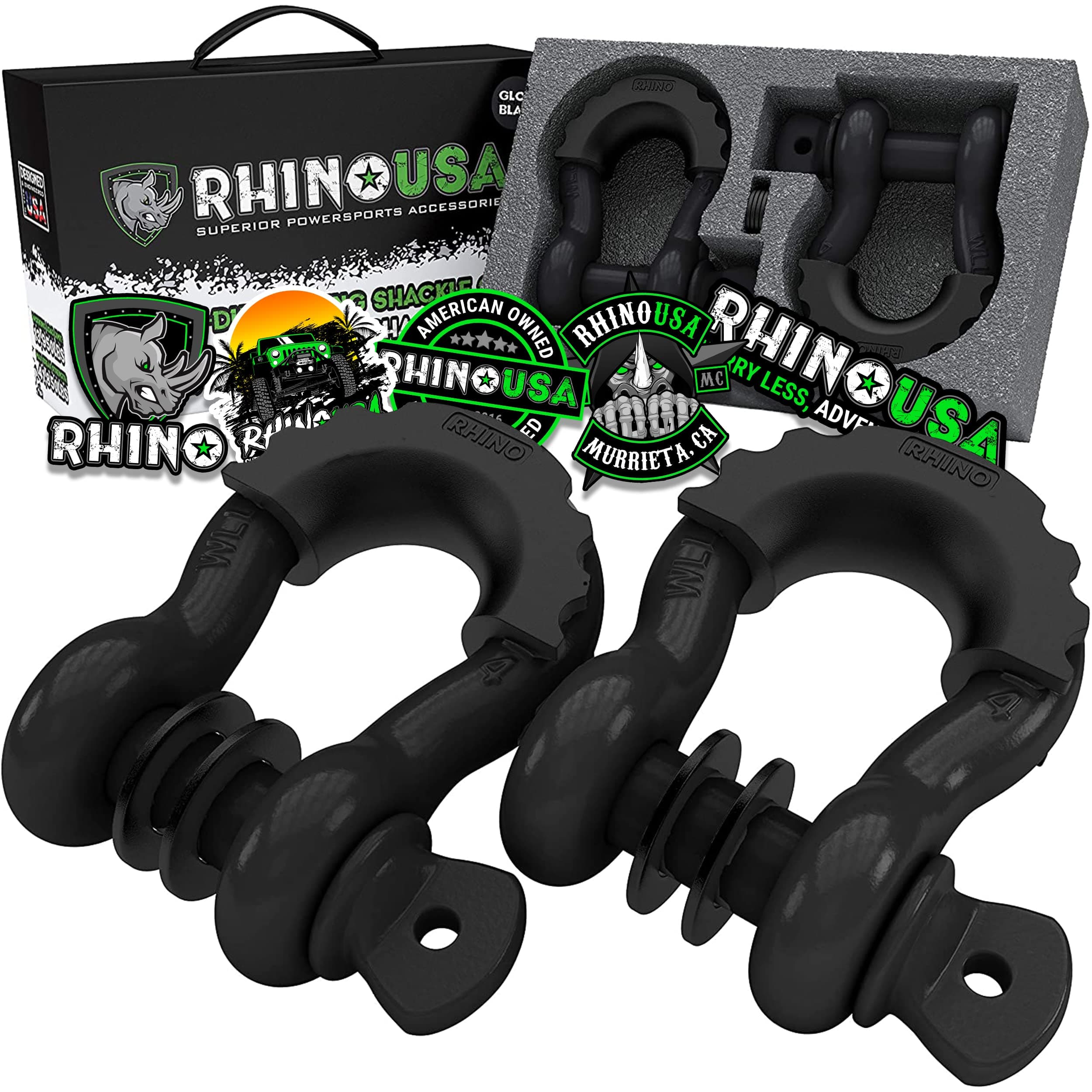 Rhino USA D Ring Shackles (2-Pack) - 41,850lb Break Strength – Heavy Duty 3/4" Clevis Shackle with 7/8 Pin for Towing & Off-Road Use - Pairs with Tow Strap for Vehicle Recovery (Black)