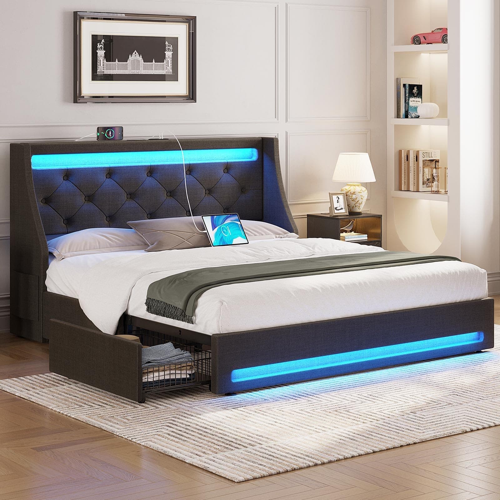 Full Bed Frame with LED Lights and Charging Station, Upholstered Bed with Drawers, Wooden Slats, Noise Free, Easy Assembly, Dark Gray