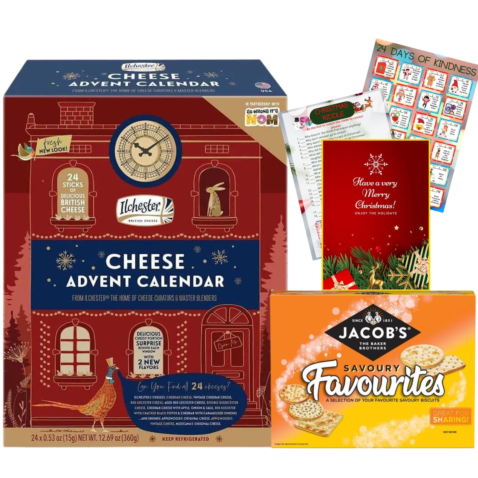 Ilchester Cheese Advent Calendar 2024 and Jacobs Biscuits Selection 300g - World's First Cheese Advent Calendar, 24 Individually Wrapped Cheese Selection - Mens Advent Calendar 2024, Christmas Hamper