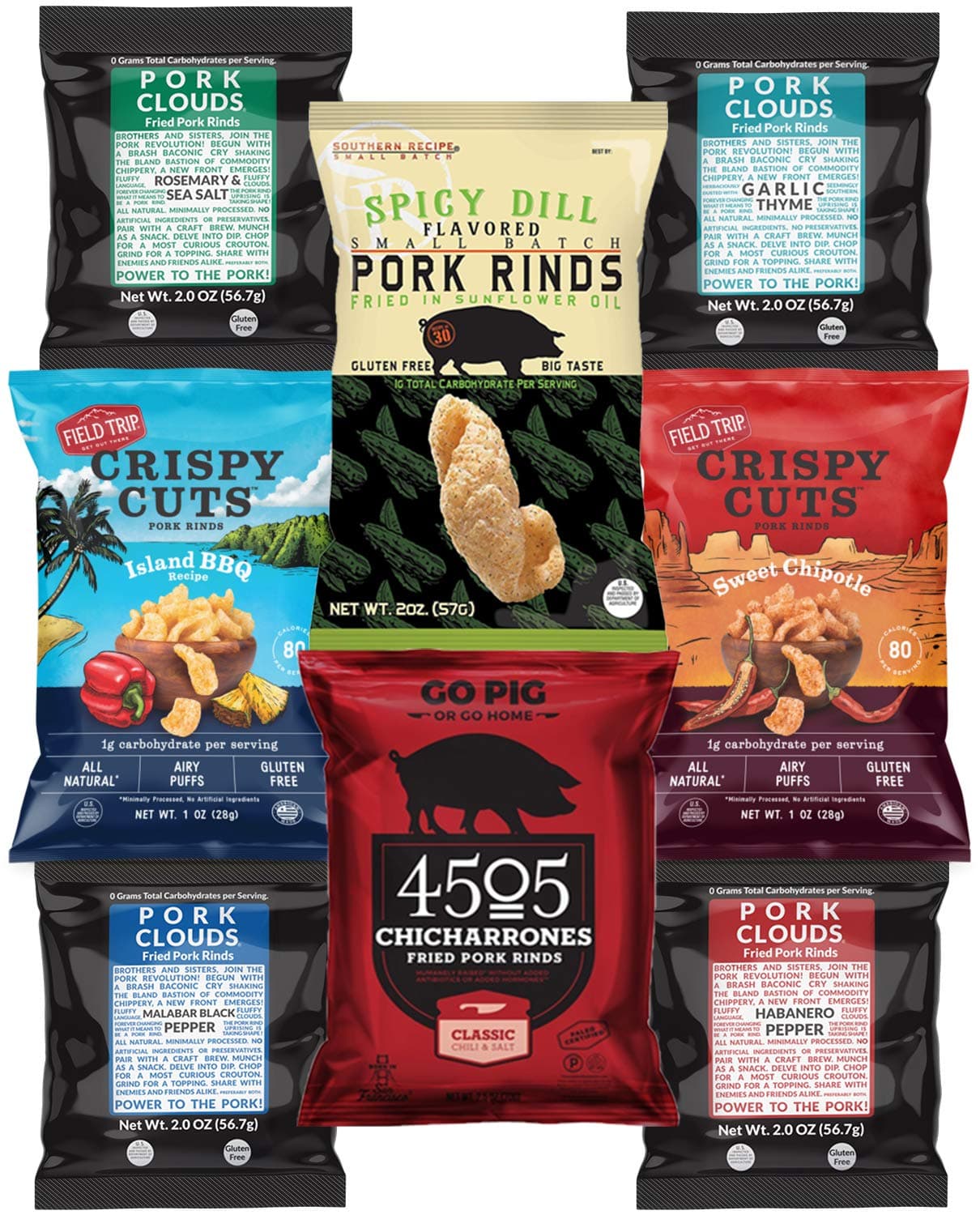 Keto Pork Rinds Variety Snack Pack Bundle (8 Count) - Low Carb Food Friendly Snacks - Ketogenic, Paleo, High Protein, Chicharrones, Pork Clouds, Southern Recipe, Chips, Rind -Multiple Flavors Gift Box