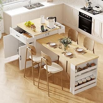 Merax 82.7" Kitchen Island with Extendable Dining Table for 4-6, with Storage, Charging Station, 2 Drawers & 2 Side Open Shelves for Dining Room House Bar, White Oak