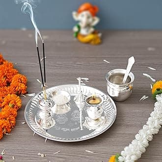 eCraftIndia Silver Pooja Thali Set with Diya, Ghanti, Kalash, Spoon, Agarbatti Stand, Bowl - Perfect for Home, Temple Use - Ideal Gift for Family, Friends - Suitable for Diwali, Navratri